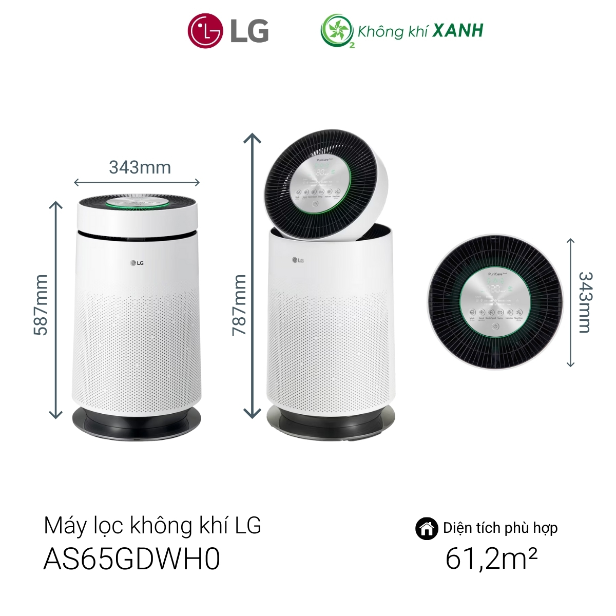 Máy lọc không khí LG PuriCare AS65GDWH0 Safeplus 1 tầng trắng