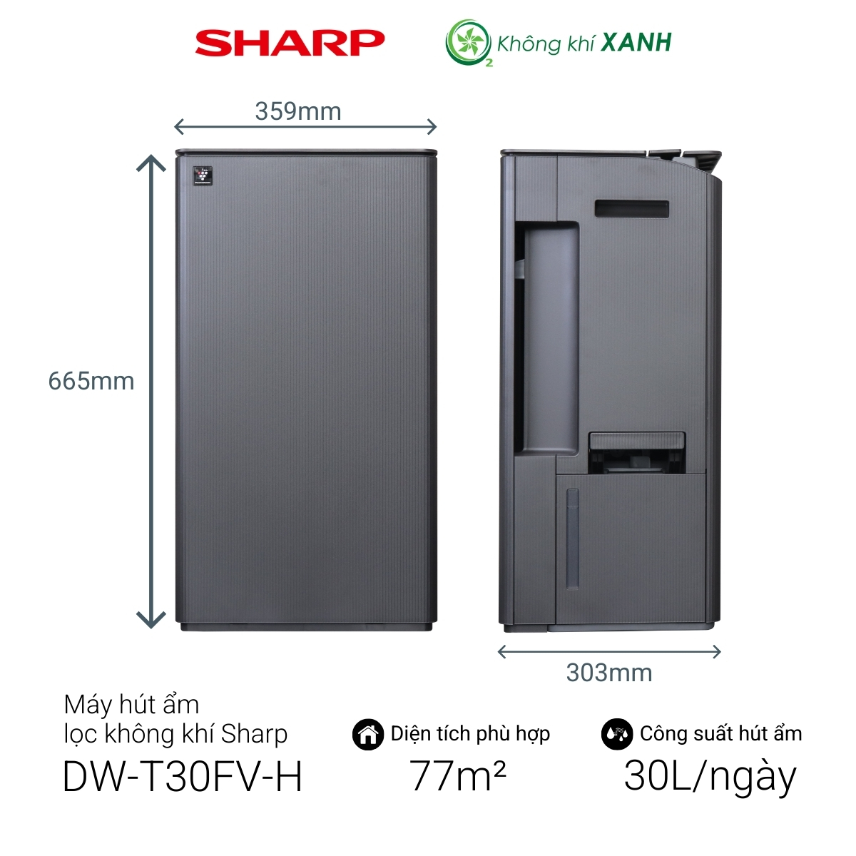 Máy lọc không khí và hút ẩm Sharp DW-T30FV-H (77m2, 30L/ngày)